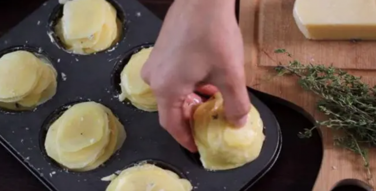 Slice potatoes and put them in a muffin pan. They’ll come out of the oven family favorite!