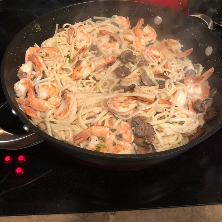 SHRIMP AND MUSHROOM LINGUINI WITH CREAMY CHEESE HERB SAUCE