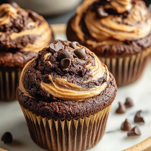 Delish Chocolate Peanut Butter Swirl Muffins