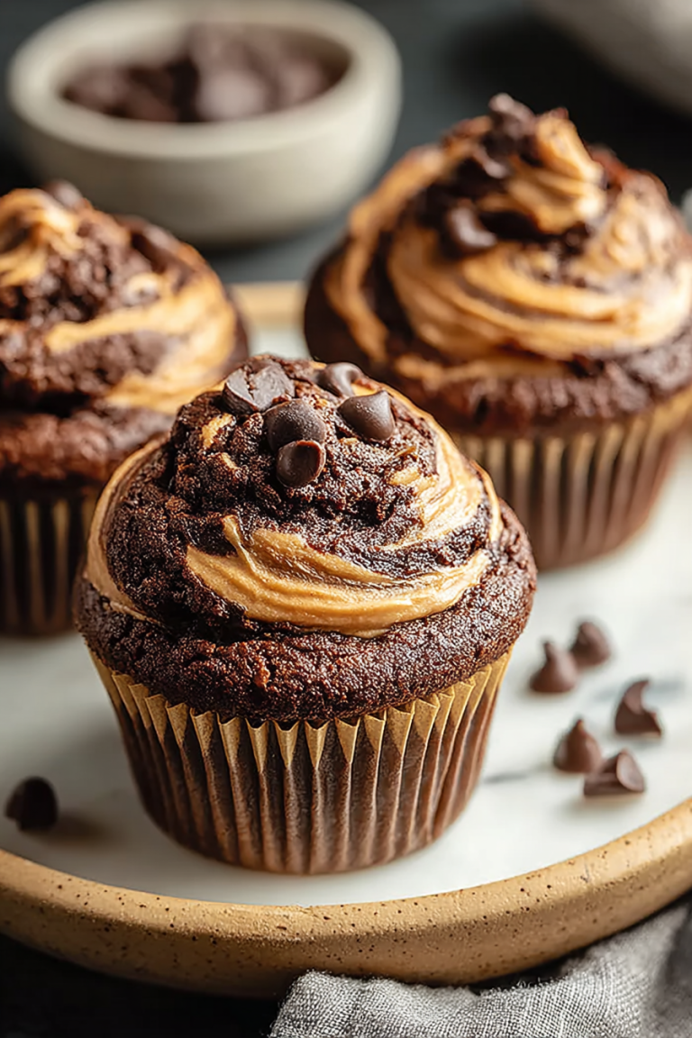 Delish Chocolate Peanut Butter Swirl Muffins