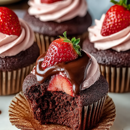 Heavenly Chocolate Strawberry Filled Cupcakes