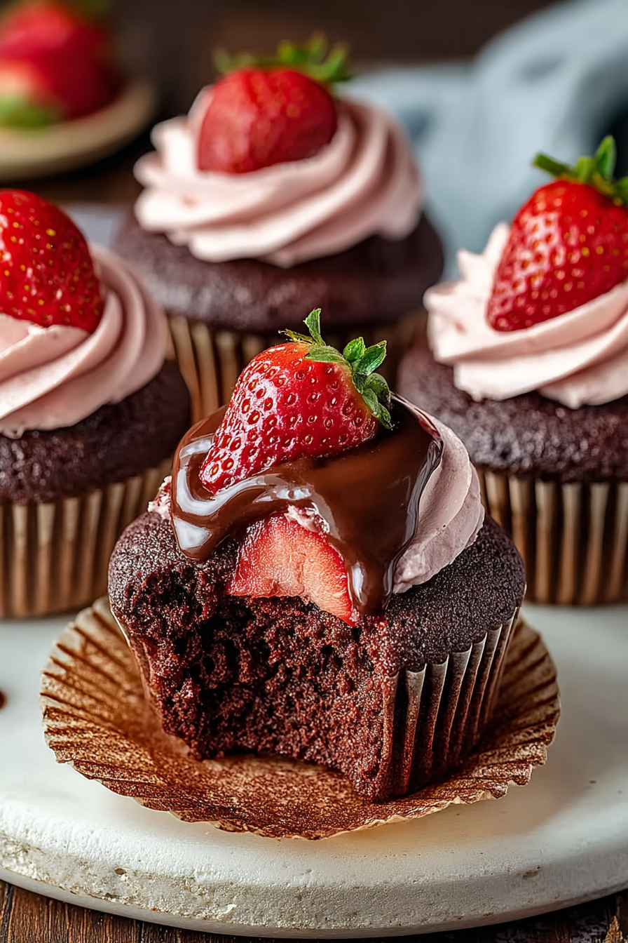 Heavenly Chocolate Strawberry Filled Cupcakes