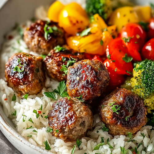 Easy Meatballs Roasted Veggies and Rice