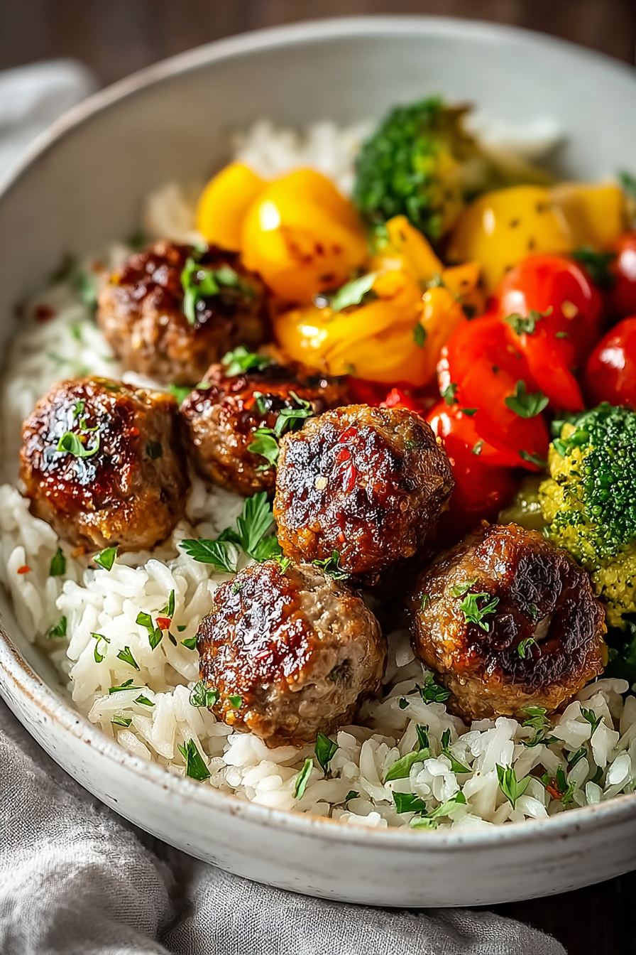 Easy Meatballs Roasted Veggies and Rice